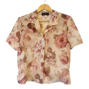Connected Apparel Vintage Pink and Cream Sheer‎ Floral Top With Shoulder Pads